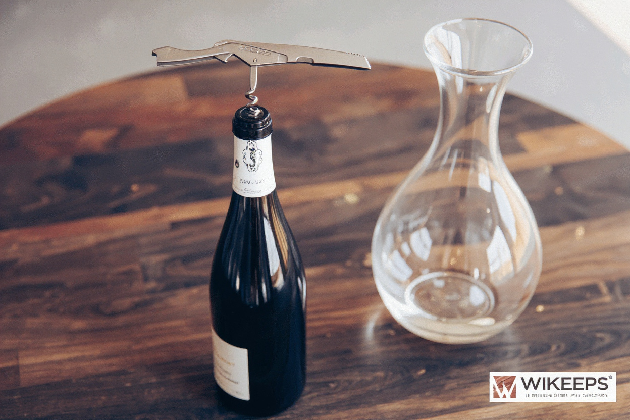 A waiter’s corkscrew held over a bottle next to a single glass wine decanter on a wooden table.