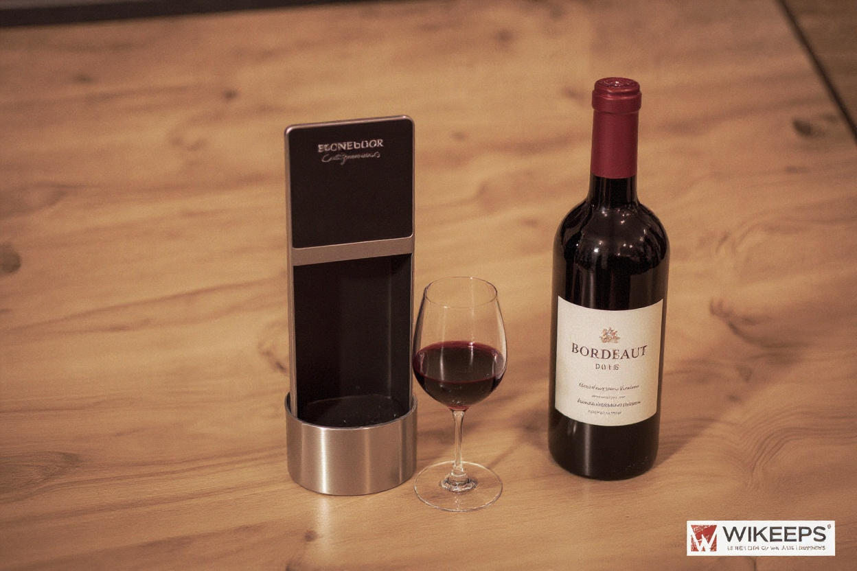 Ignorez le fond : un système de service et de conservation du vin, posé sur une table en bois à côté d’une seule bouteille de Bourgogne rouge d’un grand millésime, sert deux dégustations pour profiter des meilleurs millésimes toute la semaine.
