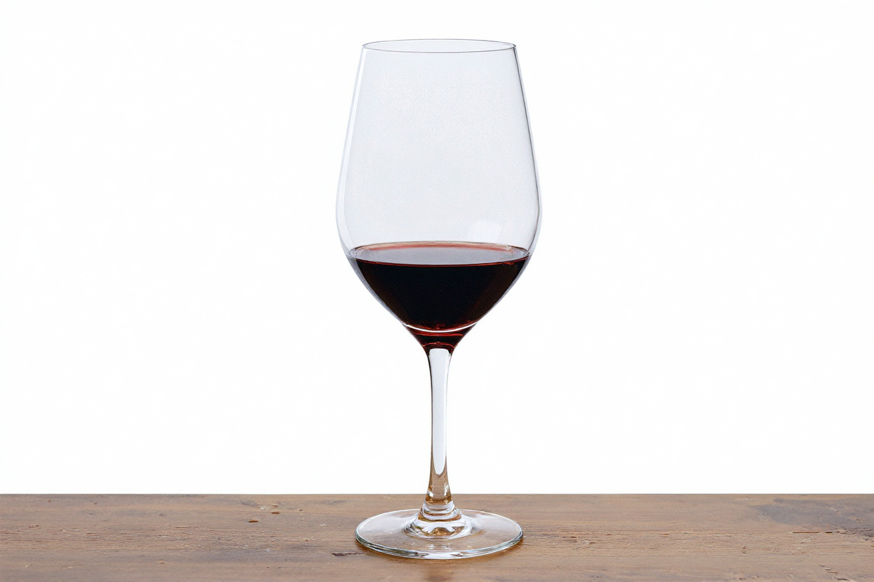 Un seul verre de vin rouge au centre d’une table en chêne, prêt à être dégusté face aux vignes au coucher du soleil.