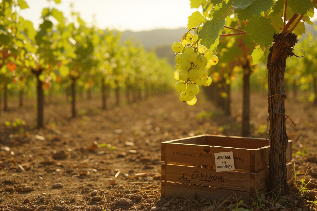 Une grappe unique de raisins blancs sur la vigne au-dessus d’une caisse marquée de l’année, évoquant le millésime.
