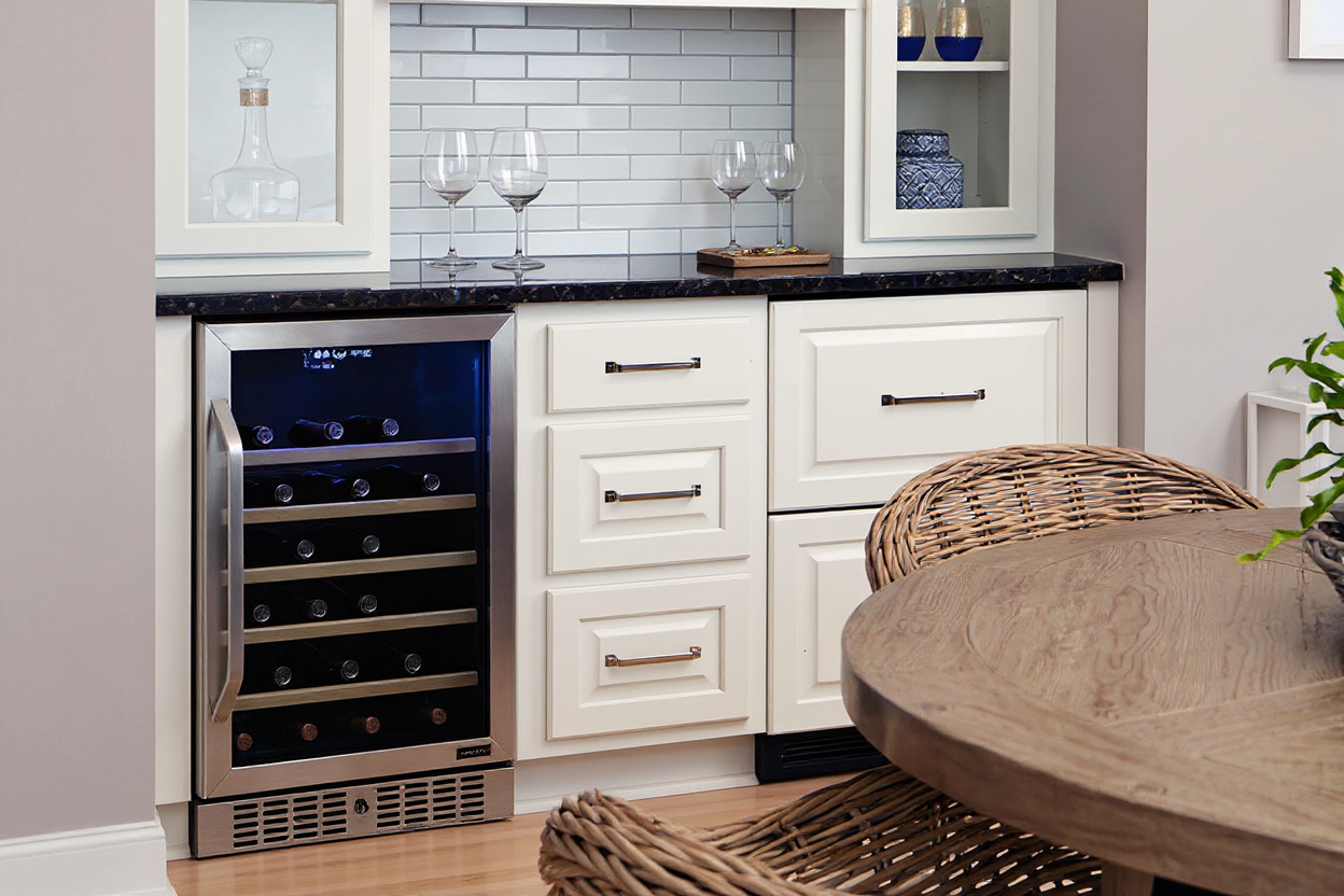 Stainless steel under-counter wine cooler built into white cabinetry beside a table, ready for serving.