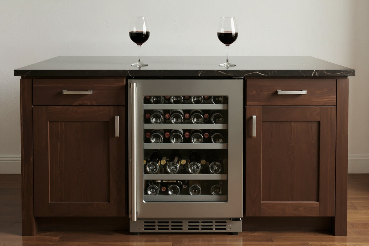 Undercounter dual‑zone wine cooler beneath a kitchen island, stocked and ready with two glasses on the counter.