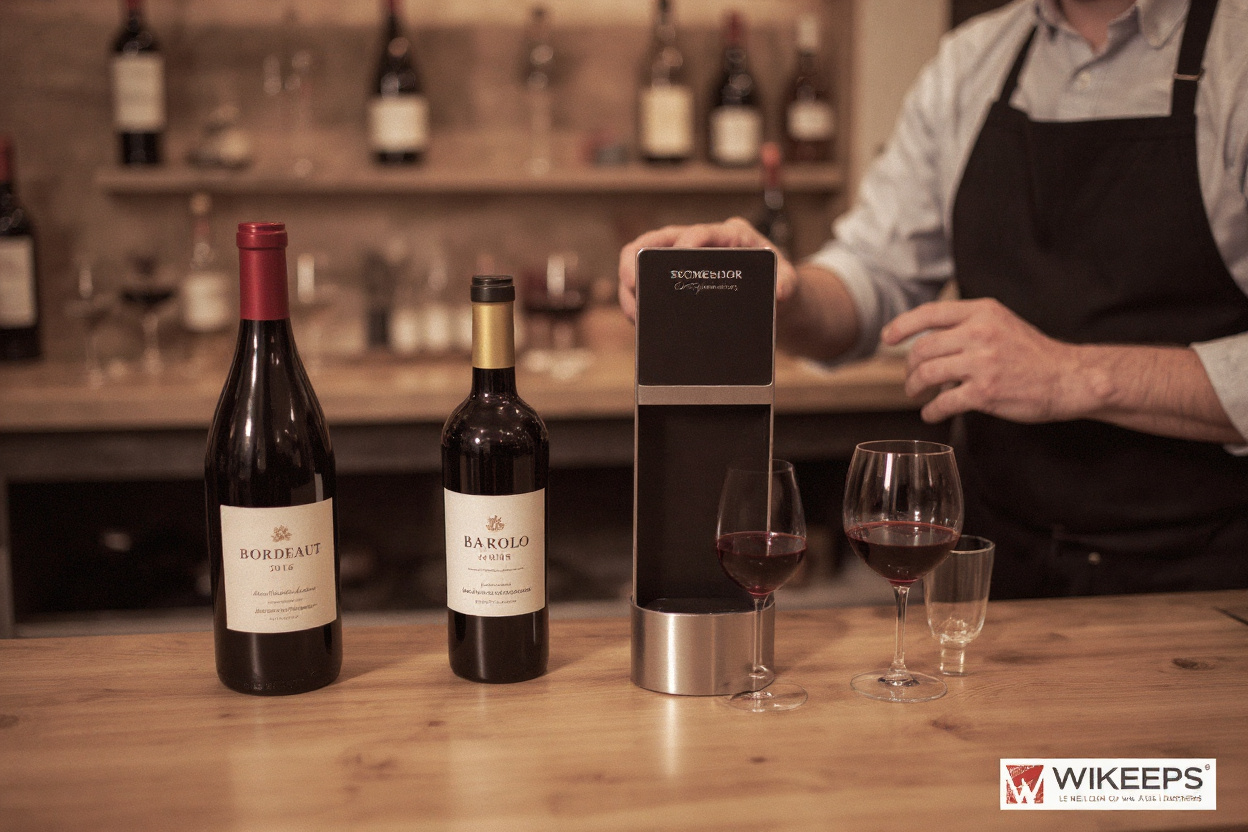 Ignorer le fond ; un seul système de service et conservation du vin sur un comptoir verse une dégustation pour comparer des millésimes par région.
