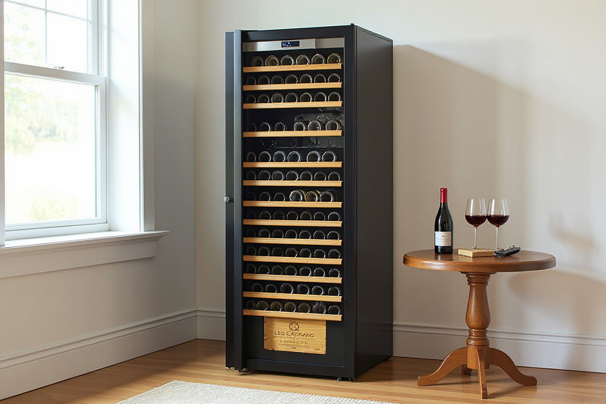 Freestanding wine cooler against a neutral wall beside a simple tasting table.