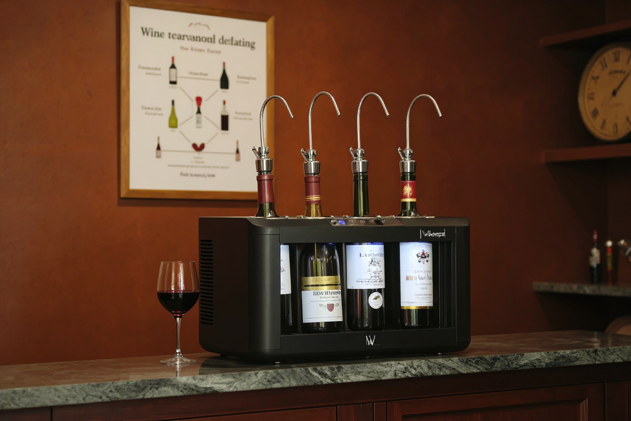 Ignorez le décor d’origine ; placez un système de conservation et service du vin sur un comptoir de cave, sous un tableau simple des temps de garde.
