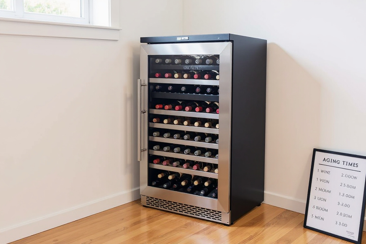 Cave à vin inox unique dans un coin de cuisine, porte entrouverte avec un tableau des temps de garde posé à côté.