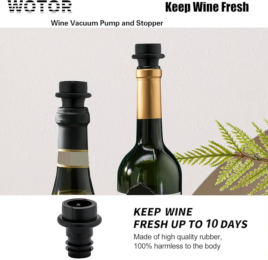 WOTOR Wine Saver Vacuum Pump with 4 Stoppers, Wine Stopper & Preserver, Reusable Bottle Sealer Keeps Fresh, Ideal Accessories Gift (Flat Handle) :...
