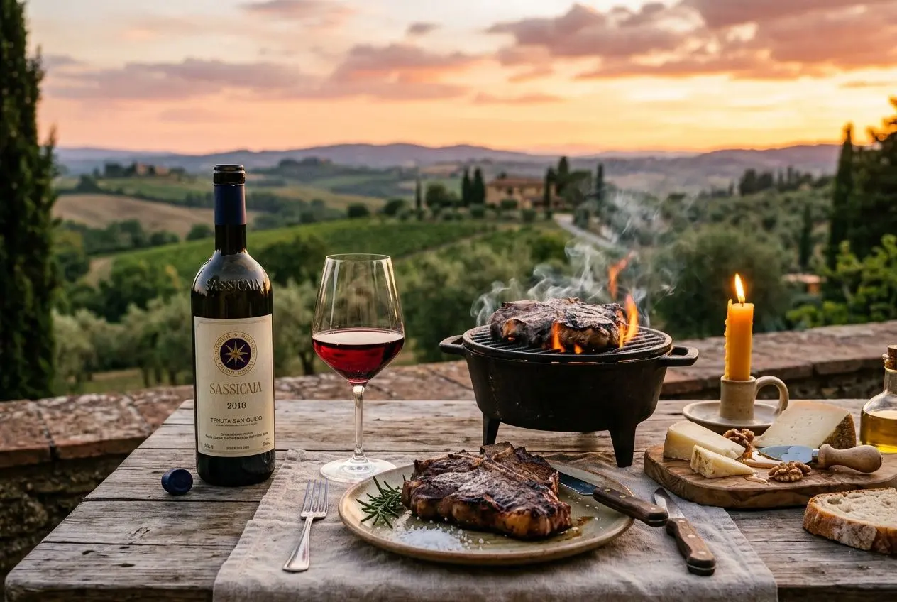 Bottiglia di vino rosso toscano pluripremiato accanto a un bicchiere, tavola con bistecca, griglia e formaggi, al tramonto tra colline toscane.