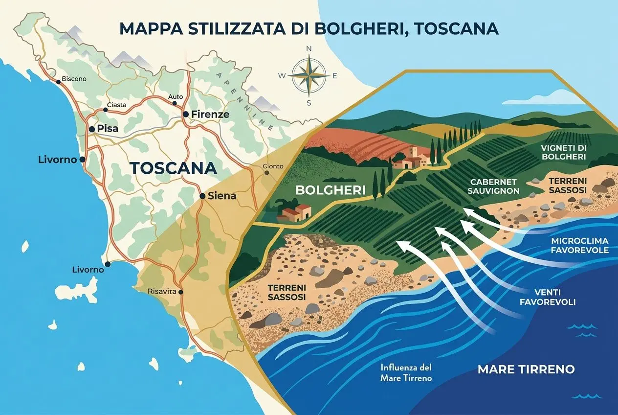 Mappa stilizzata della Toscana: Bolgheri e vigneti della costa tirrenica, con indicazioni di terreni sassosi e terreni sassosi, mare e vento favorevole. Veno rosso toscano pluripremiato.