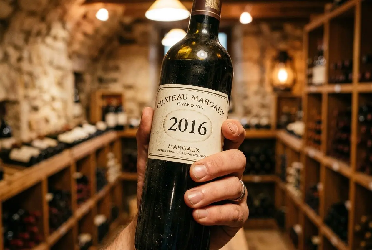 Bottiglia di Château Margaux 2016 in una cantina. Bottiglia di Château Margaux 2016 in una cantina.