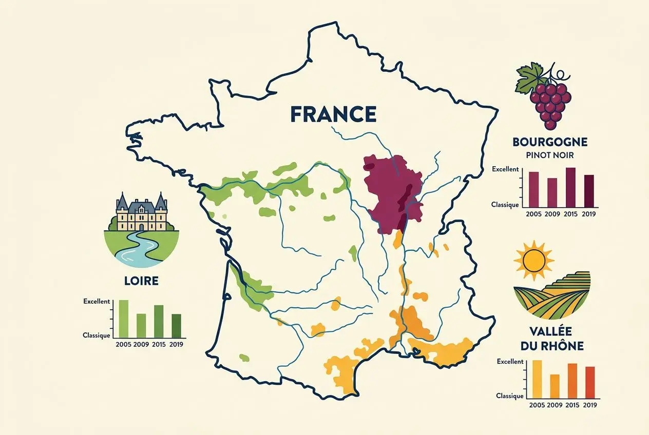 Carte de la France avec régions viticoles et mini graphiques par région; label “France” et éléments illustratifs (Bourgogne, Loire, Vallée du Rhône). Le grand tableau des millésimes se déploie via les graphiques de notes par année.