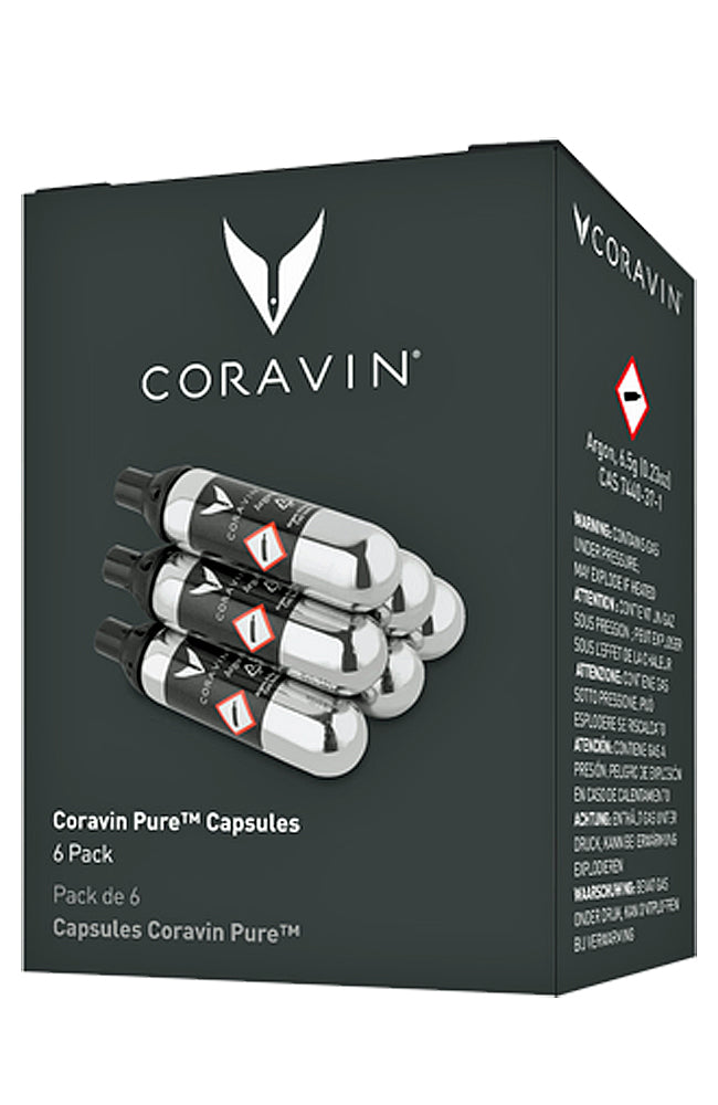 Cartouche coravin pas cher : coffret Coravin avec 6 capsules Coravin Pure, ensemble de capsules argentées sur fond sombre.
