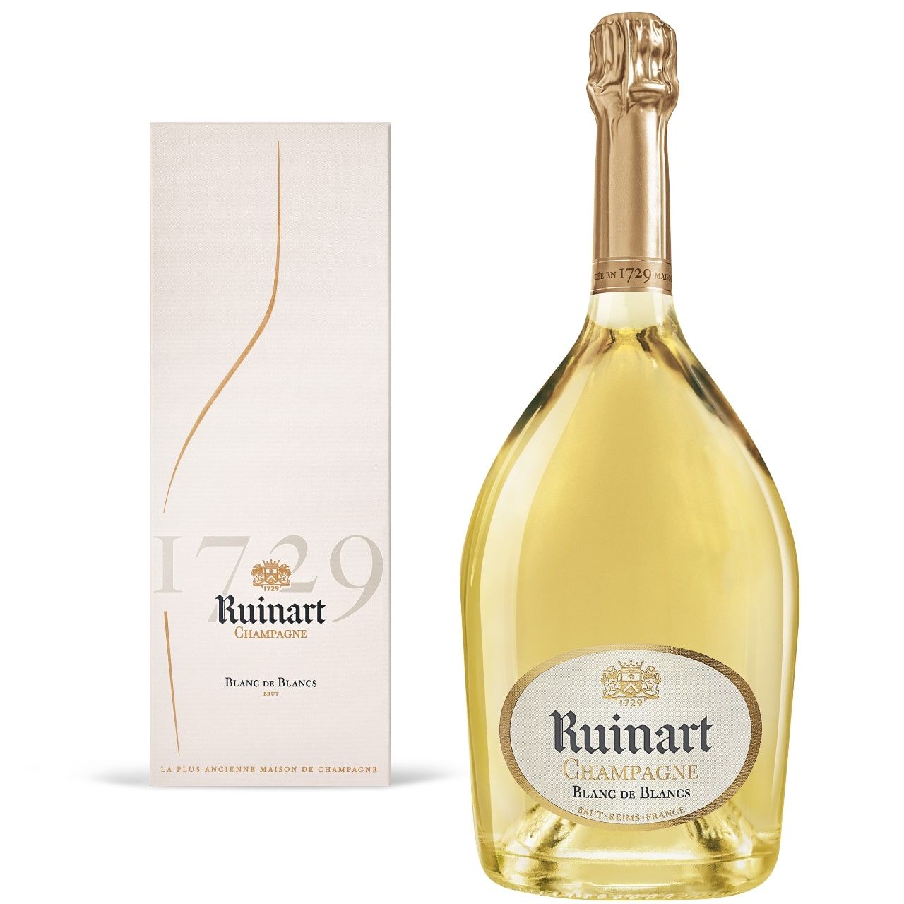 Champagne millésimé ruinart : flûte cadeau avec bouteille Ruinart Blanc de Blancs et boîte élégante blanc cassé.