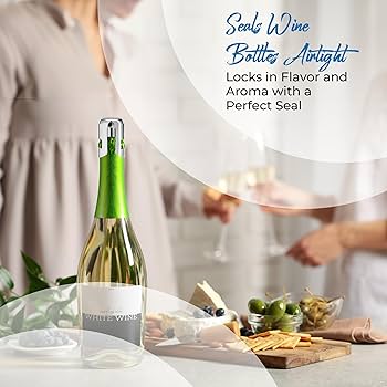 Glass bottle with a modern stopper on a table, blurred background, and a soft circular overlay. Luxury sparkling wine stopper uk concept.