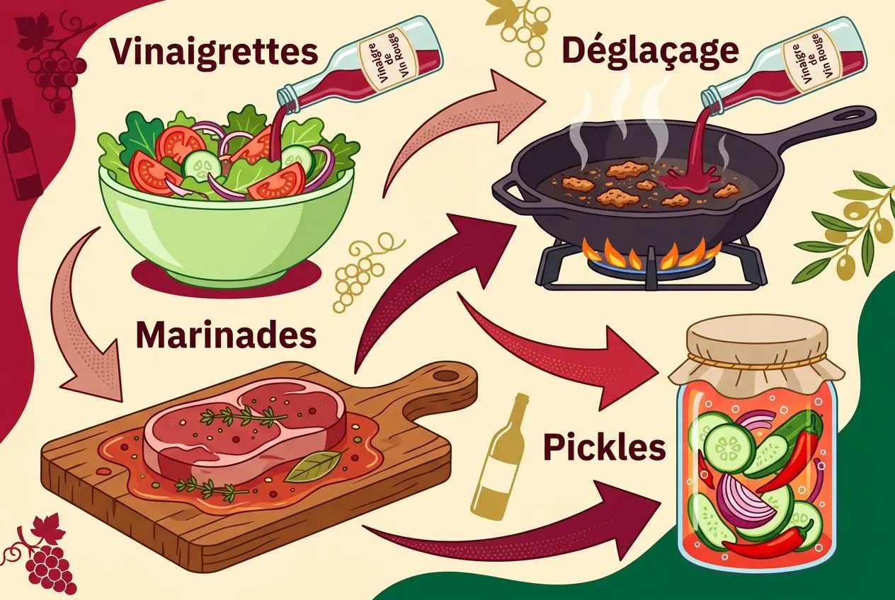Salade verte et marinades avec vinaigre de vin bio versé sur une salade, viande en marinade et bocaux de pickles en arrière-plan.