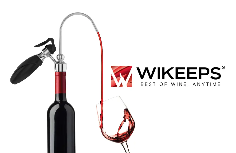 Wine preservation system with a red wine bottle connected to a pneumatic corkscrew and a tasting glass, beside the Wikeeps logo.