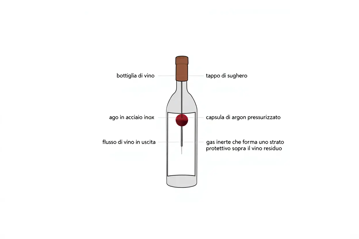 Bottle diagram showing a wine bottle with a cork, stainless steel neck, valve, and a point indicating argon-pressurised capsule; labels in Italian. Includes a gas spacer layer used to protect wine residue.