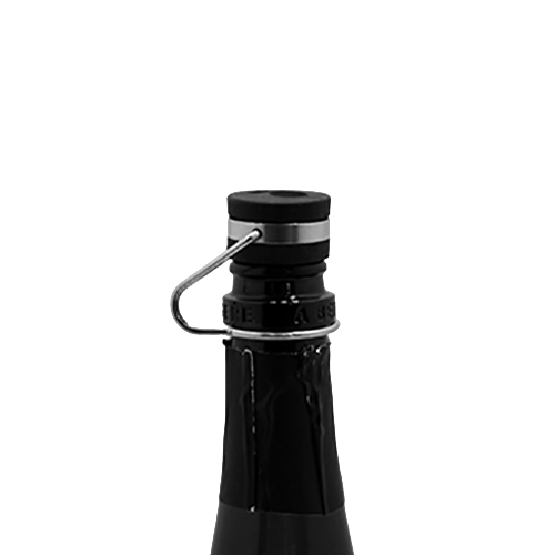 Champagne bottle with a sleek stopper and lever, part of a champagne preservation system for keeping bubbles longest