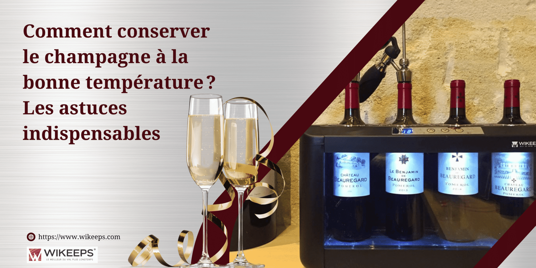 Champagne flutes and a wine preservation setup with glowing bottles in a cooler, plus decorative ribbons and a French headline about keeping champagne at the right temperature. champagne preservation systems compared - which keeps bubbles longest