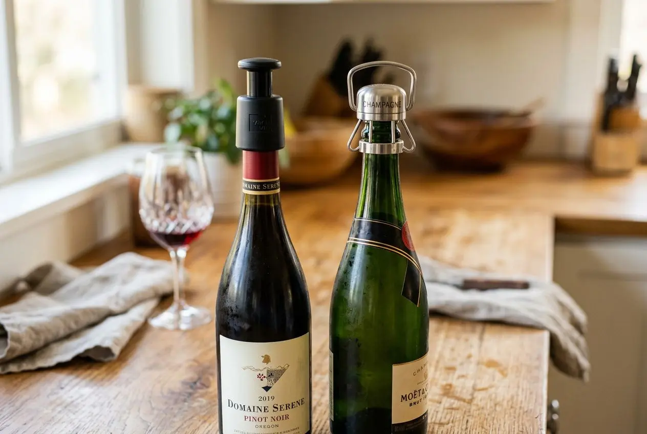 Deux bouteilles de vin sur une table en bois, l’une avec arrêt de capsule et l’autre avec bouchon‑champagne; verre de vin rouge en arrière‑plan. guide des accessoires de conservation du vin est visible dans le contexte.