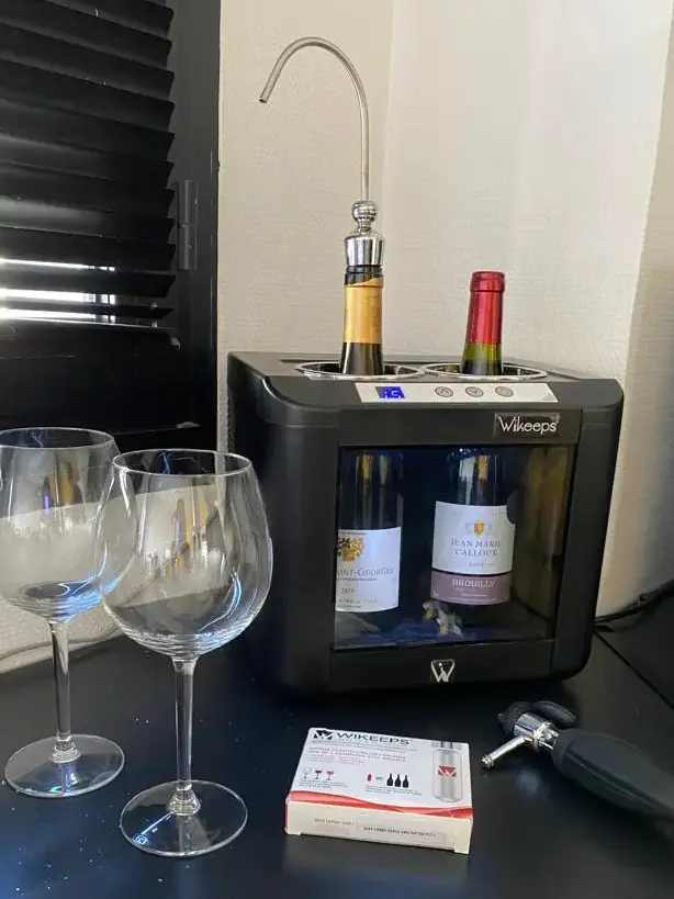 Sistema di conservazione del vino con serbatoio a gas e due bottiglie, due bicchieri vuoti e una scatola di strumenti; presente una valvola e un nozzle, descrivi gas enologico per conservare.