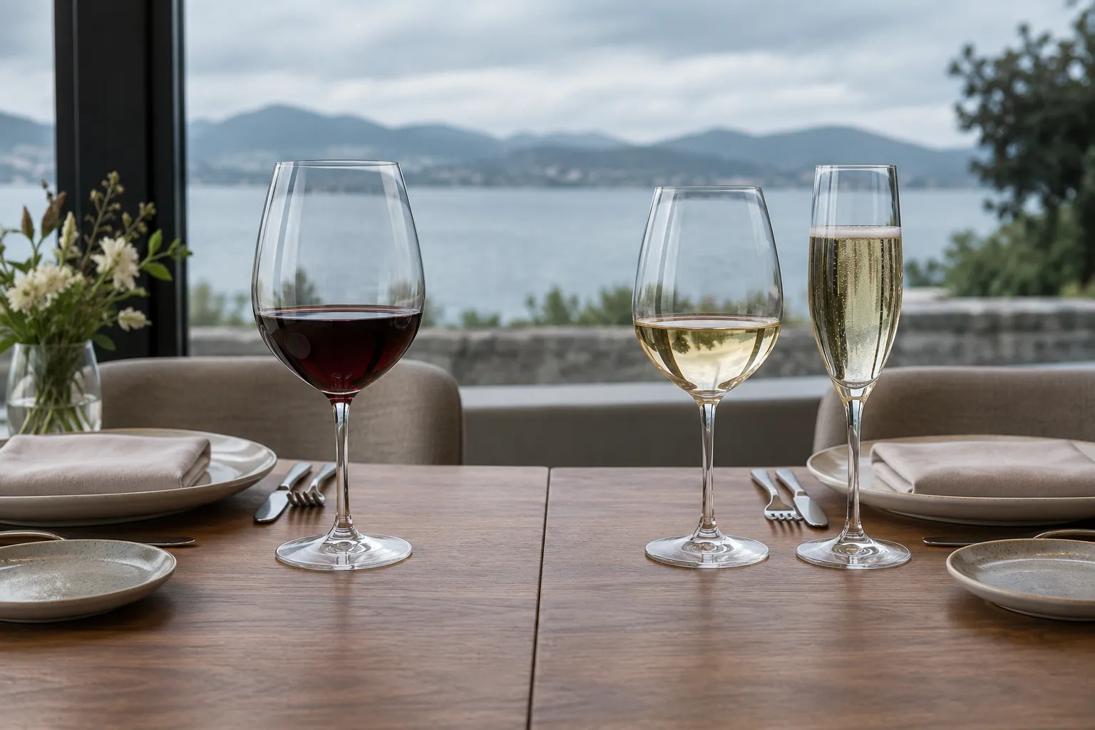 Trois verres de vin et de champagne sur une table de restaurant avec vue sur l’extérieur.